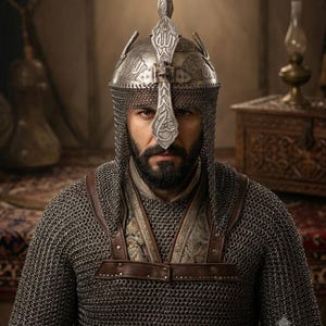 Puede incluir: Un casco de metal plateado con un protector nasal puntiagudo intrincado y caligrafía árabe grabada, combinado con una cofia de cota de malla y una camisa de cota de malla a juego con correas de cuero marrón y adornos decorativos en el pecho.