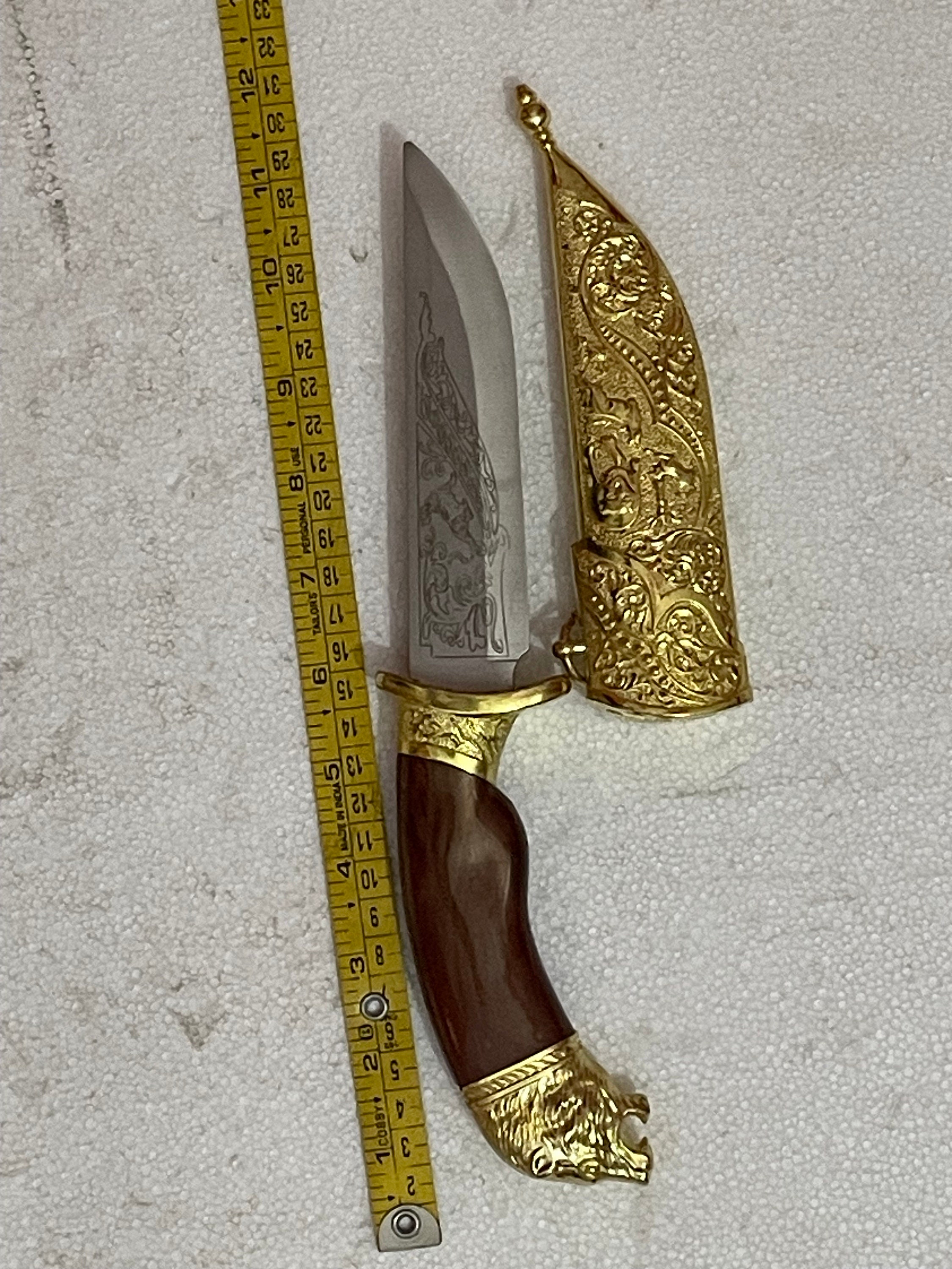 Hand Crafted Golden Brass Scabbard Lion Head Steel Blade Knife