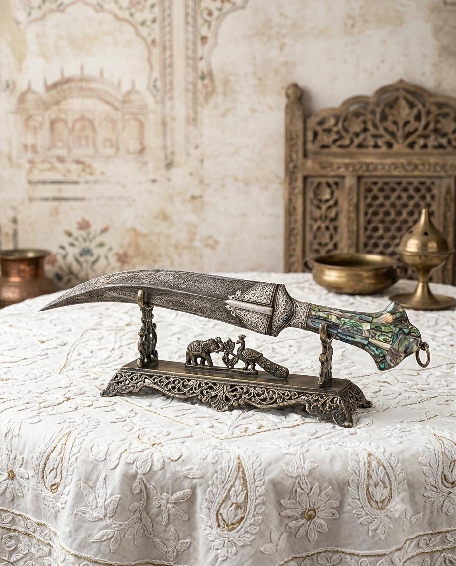 Damascus Steel Jambiya Dagger With Silver Koftgari and Abalone