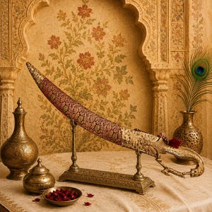 Pode incluir: Uma espada curva com uma bainha de tecido estampado em vermelho e dourado, apresentando um punho e pomo de metal dourado ornamentado. A espada é exibida num suporte de metal retangular, acompanhada por dois vasos de latão e uma taça com pétalas vermelhas.