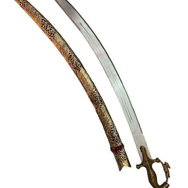 Golden look full size Ceremonial Indian Rajput / Sikh Wedding Sword with sheath Lion carved Hilt