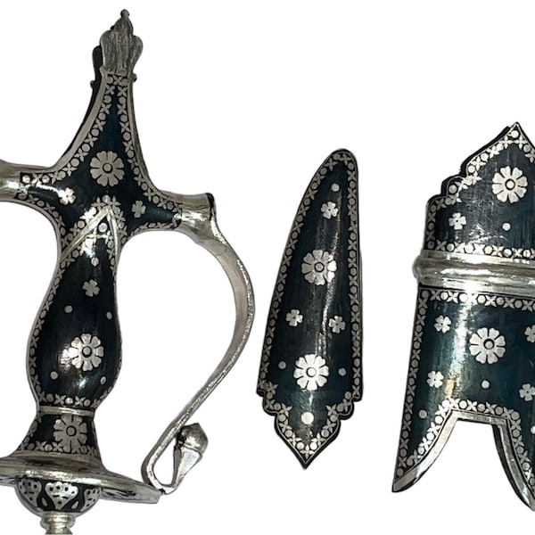 Silver kofthgiri worked Rajput sword hilt set of three attachments