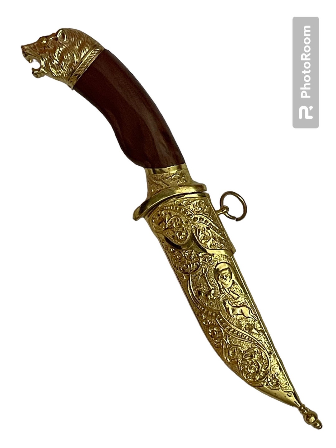 Hand Crafted Golden Brass Scabbard Lion Head Steel Blade Knife