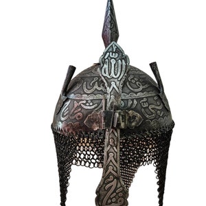 Ottoman Islamic Kufic Helmet Khula Khud with engraved carvings Mughal replica