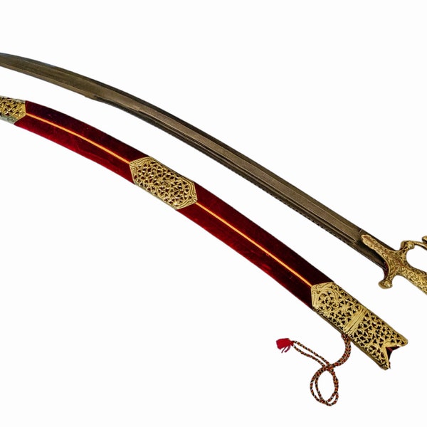 Indian Rajput Wedding Sword with sheath Maroon fabric and Damascus blade