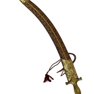 Royal shahi talwar Indian short  sword with engraved carvings  brass hilt Mahroon print sherwani scabbard 24 inches