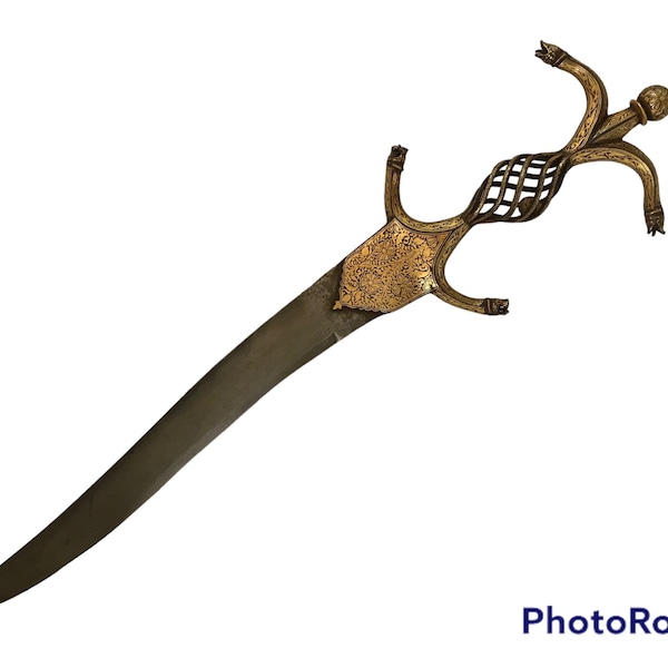 Antique Rajput short sword 19th c gold  kofthgiri worked wootz Faulad steel blade .