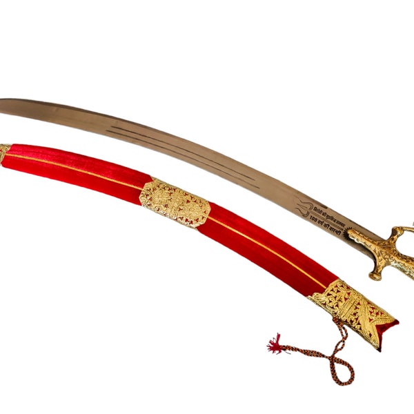 Indian Rajput Wedding Sword with sheath red velvet fabric golden look brass fittings