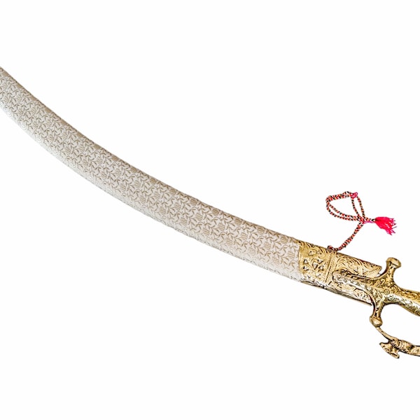Indian Rajput Wedding Sword with sheath off white fabric golden look brass fittings