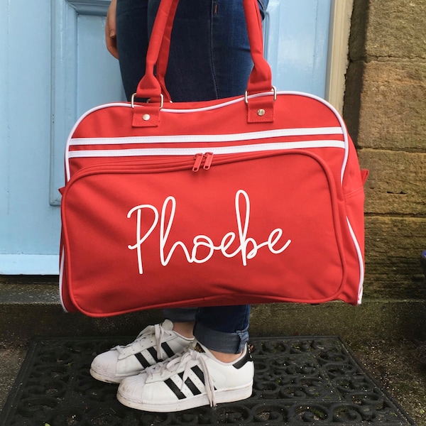 Personalised Weekend Bag Red with Name Retro Styling (LARGE HANDWRITTEN NAME). Weekends Away Girls Sleepover Bag Children's Sleepover Bag