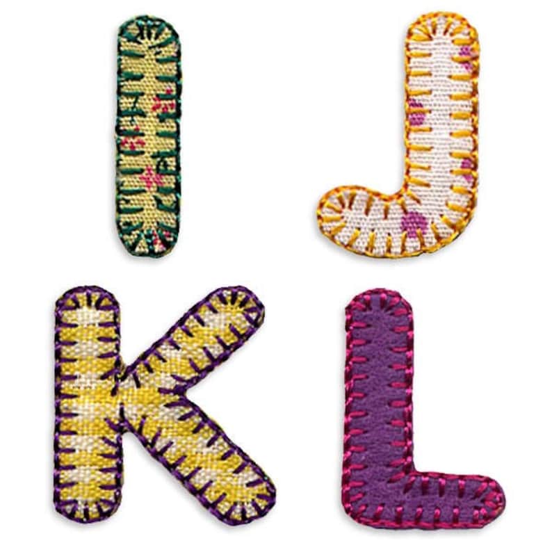 May include: Four fabric letters, I, J, K, and L, in different colors and patterns. The letters are sewn with a yellow thread and have a patchwork design.