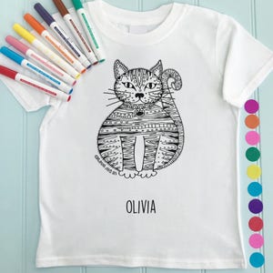 Girls T shirt to Colour in - Cat Design  (Sold With or Without Fabric Pens)