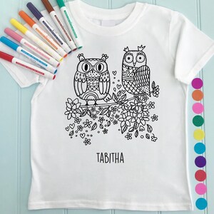 Girls T shirt to Colour in - Owl Pair Design  (Sold With or Without Fabric Pens)