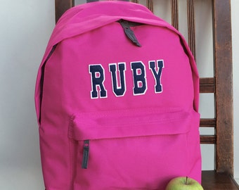 Personalised Backpack with ANY NAME Kids Children Teenagers School Uni Student rucksack Appliqué Name Varsity Letters Gym Swimming Ballet