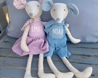 Personalised Soft Toy Large Linen Mouse in Blue or pink