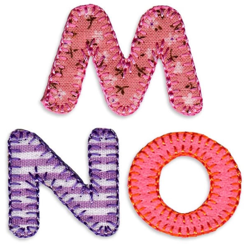 May include: The letters M, N, and O are made of fabric and have a patchwork design. The M and O are pink with a white pattern, and the N is purple with a white and purple striped pattern.