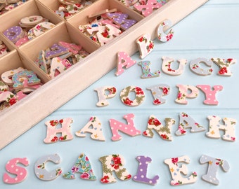 Wooden Alphabet Letters Custom Name Initials Girls Door Plaques Toy Boxes Wall Decoration Floral Prints Cotton Craft Projects Pink Purple