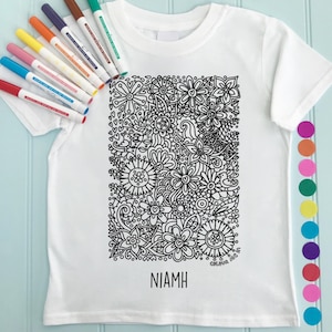 Girls T shirt to Colour in - Flower Panel Design  (Sold With or Without Fabric Pens)
