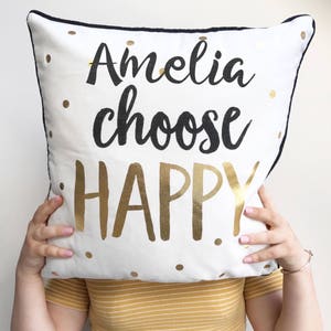 Personalised Cushion Choose Happy Teenage Uni Gift Travel Gifts Cushion For Bedroom Gold and Monochrome Cotton
