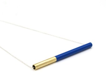 Blue and Golden Brass Modern Contemporary Designer Pendant / Necklace in Satin Powder Coated Brass & Sterling Silver