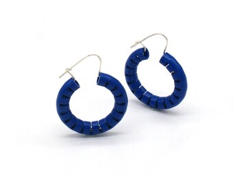 Last Pair! Ultramarine Blue Contemporary Designer Hoop, Creole Earrings in Powder Coated Architectural Aluminium & Sterling Silver