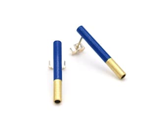 Blue and Golden Brass Dual Colour Modern Contemporary Designer Linear Tube Earrings in Satin Powder Coated Brushed Brass & Sterling Silver