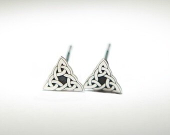Celtic Art Stud Trinity Knot Laser Etched in Sterling Silver. Handmade in Ireland.