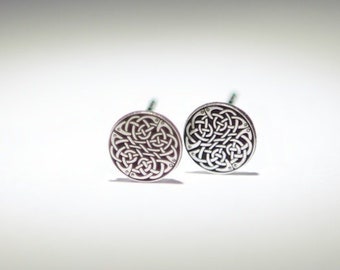 Celtic Art knotwork, tiny studs Laser Etched in Sterling Silver. Handmade in Ireland.