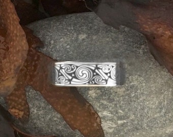 Celtic Art Open Ring. Spiral Design, Etched Sterling Silver from the Book of Kells, Handmade in Ireland. Designed in Scotland