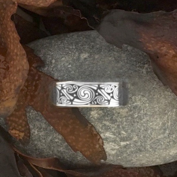 Celtic Art Open Ring. Spiral Design, Etched Sterling Silver from the Book of Kells, Handmade in Ireland. Designed in Scotland