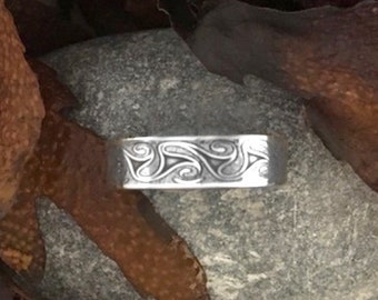 Celtic Art Open Ring. Pictish, Pagan, Le Tene, Spiral Design, Etched in Sterling Silver, Handmade in Ireland. Scotland