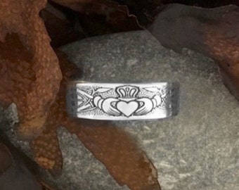 Claddagh Open Ring Etched in Sterling Silver, Handmade in Ireland. Love Harmony, Engagement, Scotland