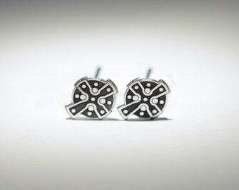 Celtic Art Cross, tiny detailed studs, Laser Etched in Silver.