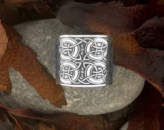 Celtic Art Open Ring Etched in Sterling Silver from The Macregol Gospels, Handmade in Ireland. Designed in Scotland