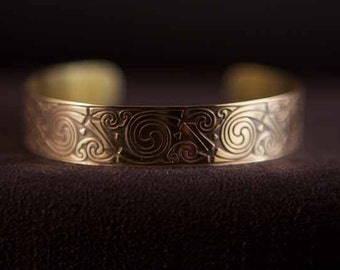 Celtic Art Cuff. Spiral Design, Etched in Brass from the Book of Kells, Handmade in Ireland.