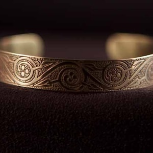 Celtic Art Cuff. Pictish Floral Spiral Design, Etched in Brass, Handmade in Scotland.