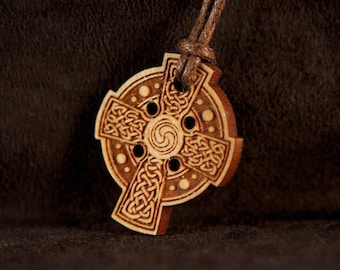 Celtic Cross Pendant Etched in Cherry Wood, made in Ireland.