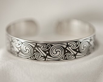 Celtic Art Cuff. Spiral Design, Etched Sterling Silver from the Book of Kells, Handmade in Ireland.