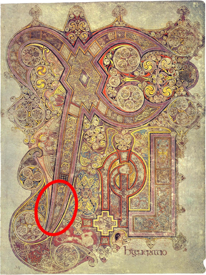 Puede incluir: Una ilustraci&oacute;n detallada de una p&aacute;gina del Libro de Kells, un manuscrito bellamente iluminado. La p&aacute;gina presenta intrincados nudos celtas en tonos dorados, rojos y azules, con una prominente letra 'Q' estilizada en el centro. El texto 'Incipit' es visible en la parte inferior de la p&aacute;gina.