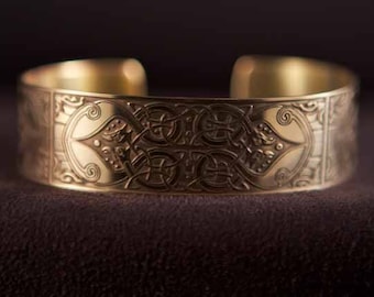 Celtic Art Cuff Etched in Brass from The Macregol Gospels, Handmade in Ireland.