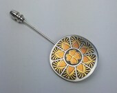 Reed Barton Damascene Lapel Hat Stick Pin Silver Tone Flower Hearts Copper And Brass Inlay Vintage Silver Plated