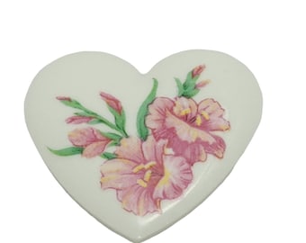 Vintage Avon Heart Brooch Pink Flowers on White Ceramic Pin Valentines Love Gift