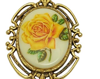 Vintage Yellow Rose Cameo Brooch Gold Tone Ornate Pin Romantic Gift for Her