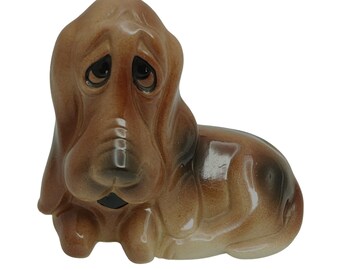Vintage 70s Ceramic Basset Hound Dog Figurine Brown Big Sad Eyes Artist Signed