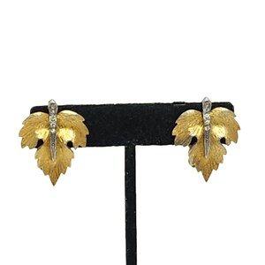 Vintage Park Lane Maple Leaf Rhinestone Clip On Earrings 60s Brushed Gold Tone