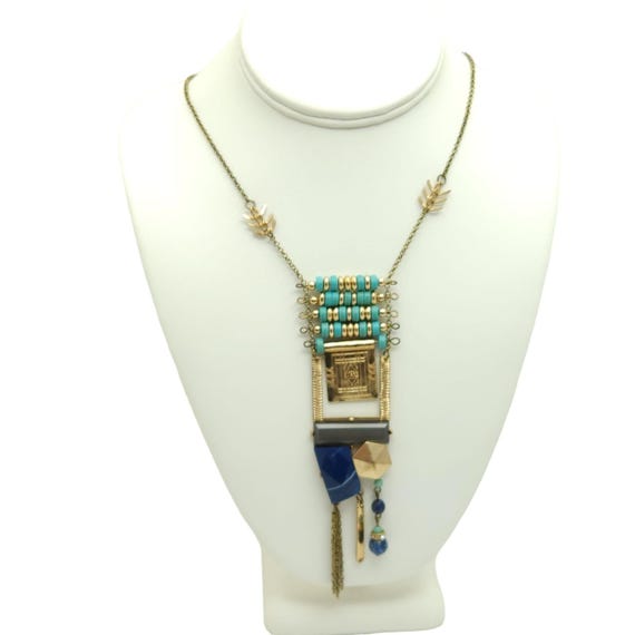 Statement Abstract Design Bead Necklace Gold Tone… - image 1