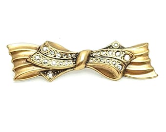 Vintage Rhinestone Crystal Ribbon Brooch Gold Tone Bow Tie Pin Classic Unisex
