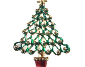 Vintage Red and Green Enamel Christmas Tree Brooch Gold Tone Star and Ornaments