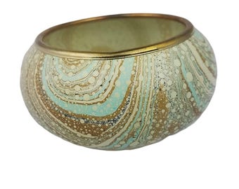 Chunky Wide Abstract Bangle with Blue Brown Ivory Swirls Metal Bracelet Vtg 90s