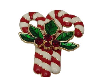 Candy Cane Brooch Red Rhinestones Holly Berries Green White Enamel Gold Tone Pin